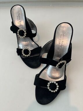 Taryn Rose Black Suede Crystal Buckle Mule Heels